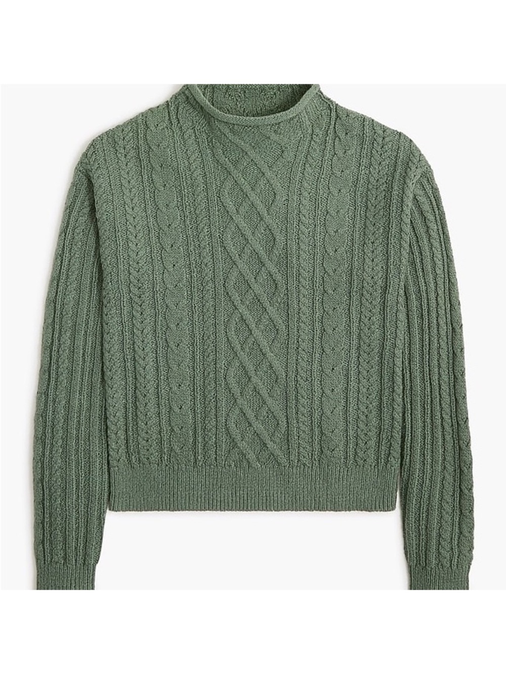 J. Crewneck rollback mock neck sweater cable knit green